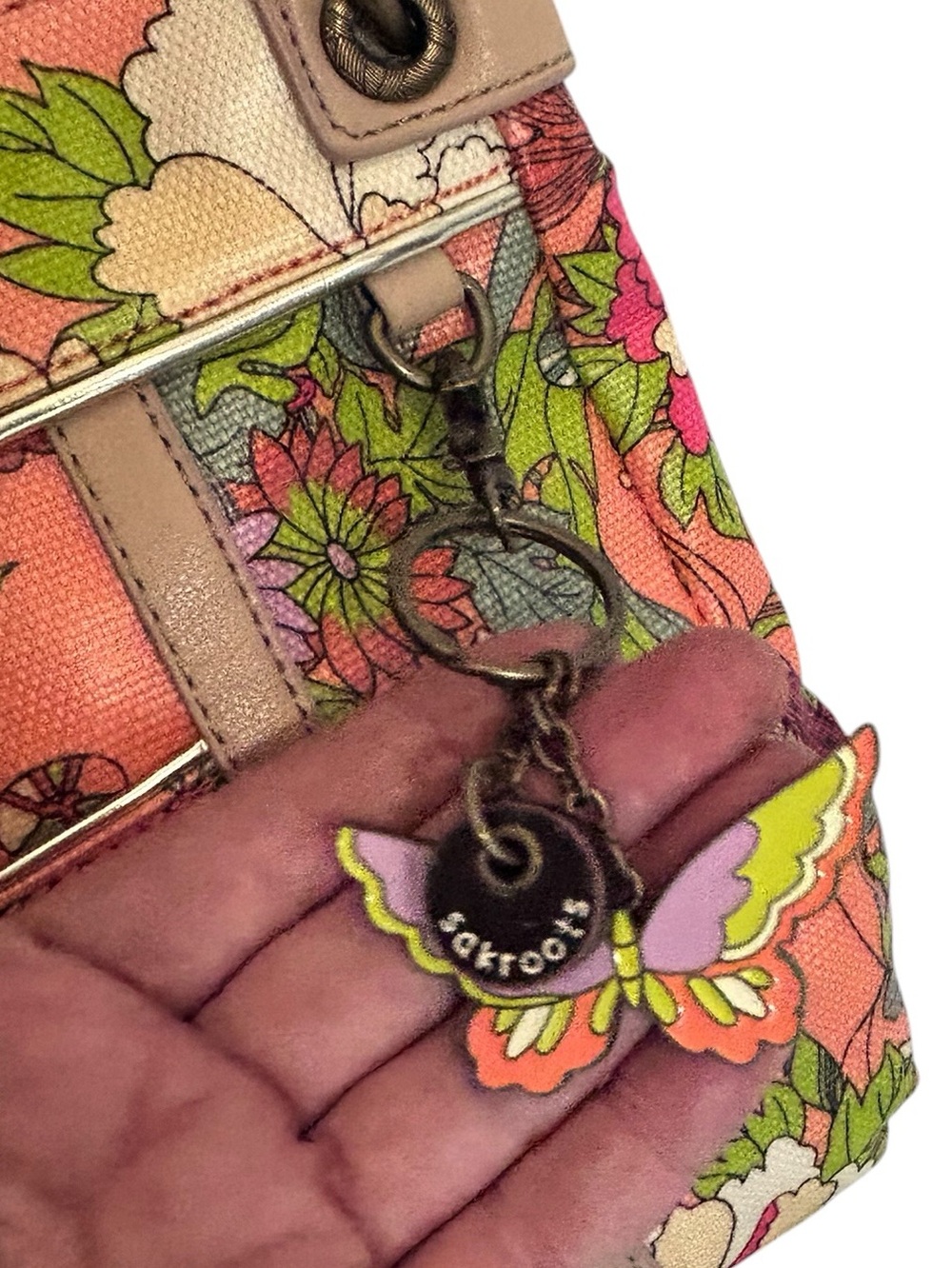Sakroots Crossbody Butterfly Floral Artist Shoulder Bag Orange Pink Excellent - Picture 3 of 15